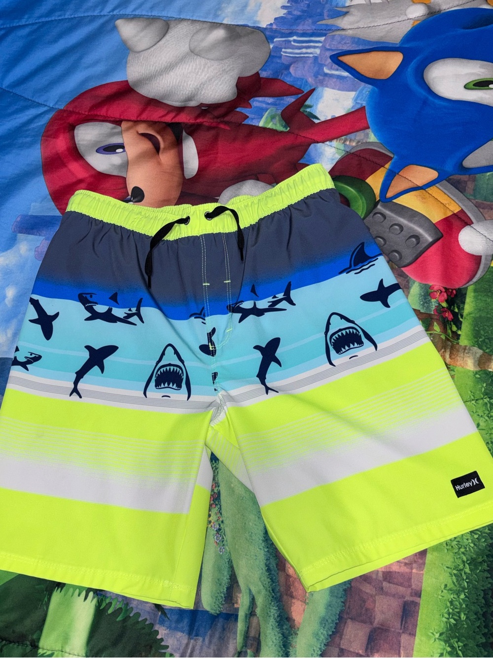 Hurley Neon Yellow and Blue Shark-Print Kids Swim Shorts